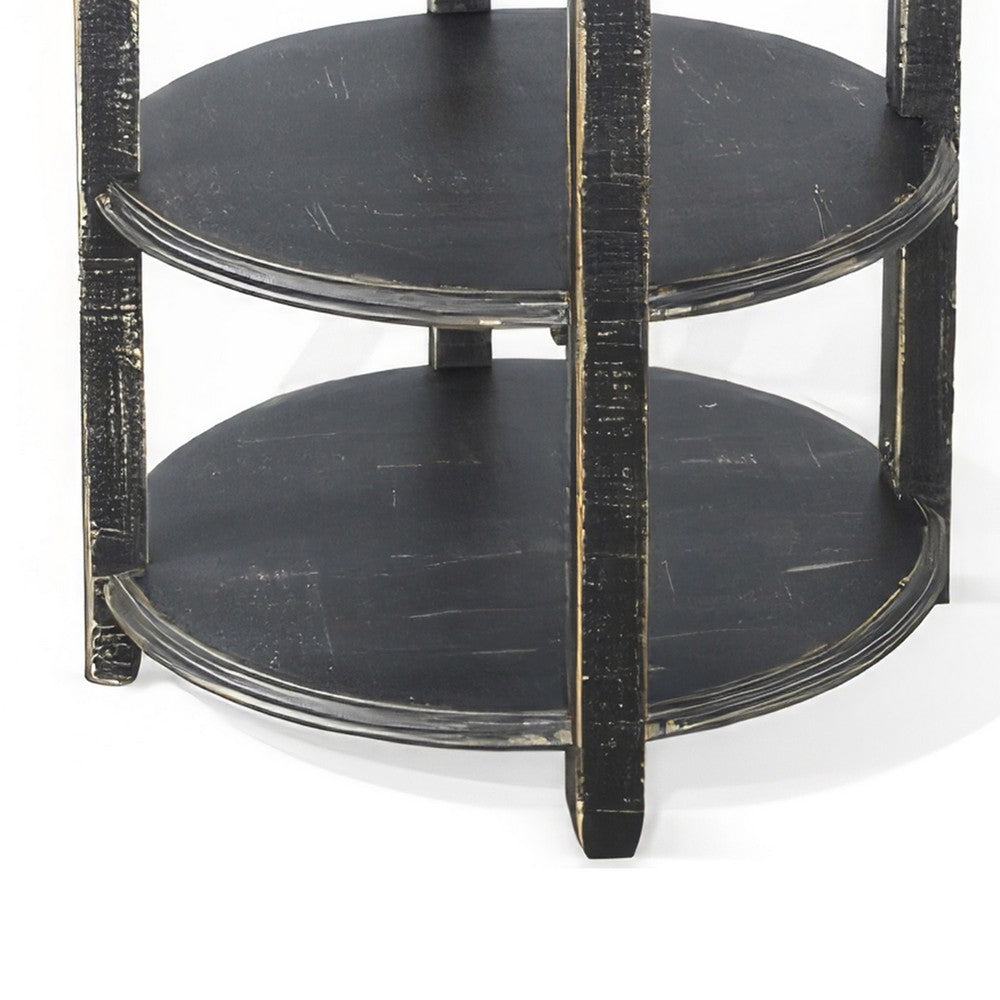 Benjara Rena Side End Table with 2 Shelves, 24 Inch Round Black Mahogany Wood