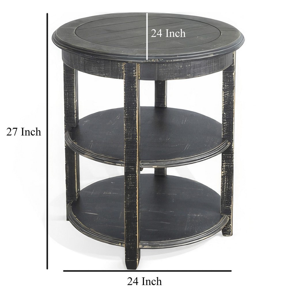 Benjara Rena Side End Table with 2 Shelves, 24 Inch Round Black Mahogany Wood