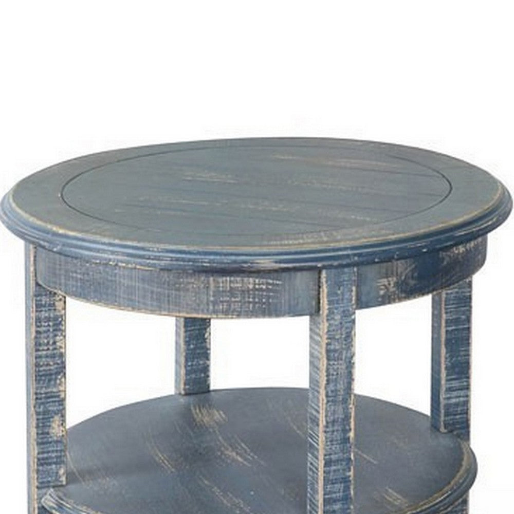 Benjara Rena Side End Table with 2 Shelves, 24 Inch Ocean Blue Mahogany Wood