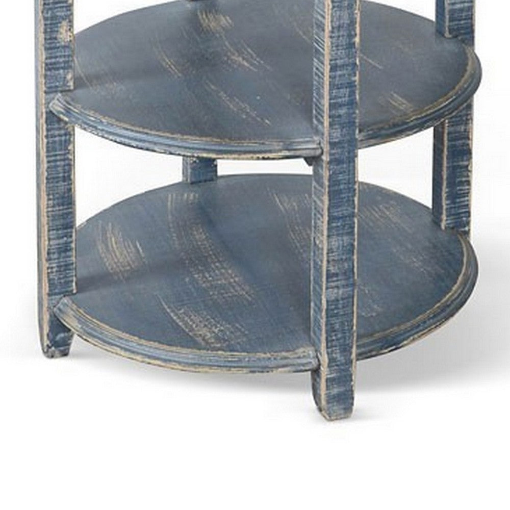 Benjara Rena Side End Table with 2 Shelves, 24 Inch Ocean Blue Mahogany Wood