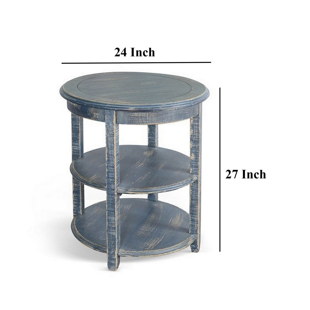 Benjara Rena Side End Table with 2 Shelves, 24 Inch Ocean Blue Mahogany Wood
