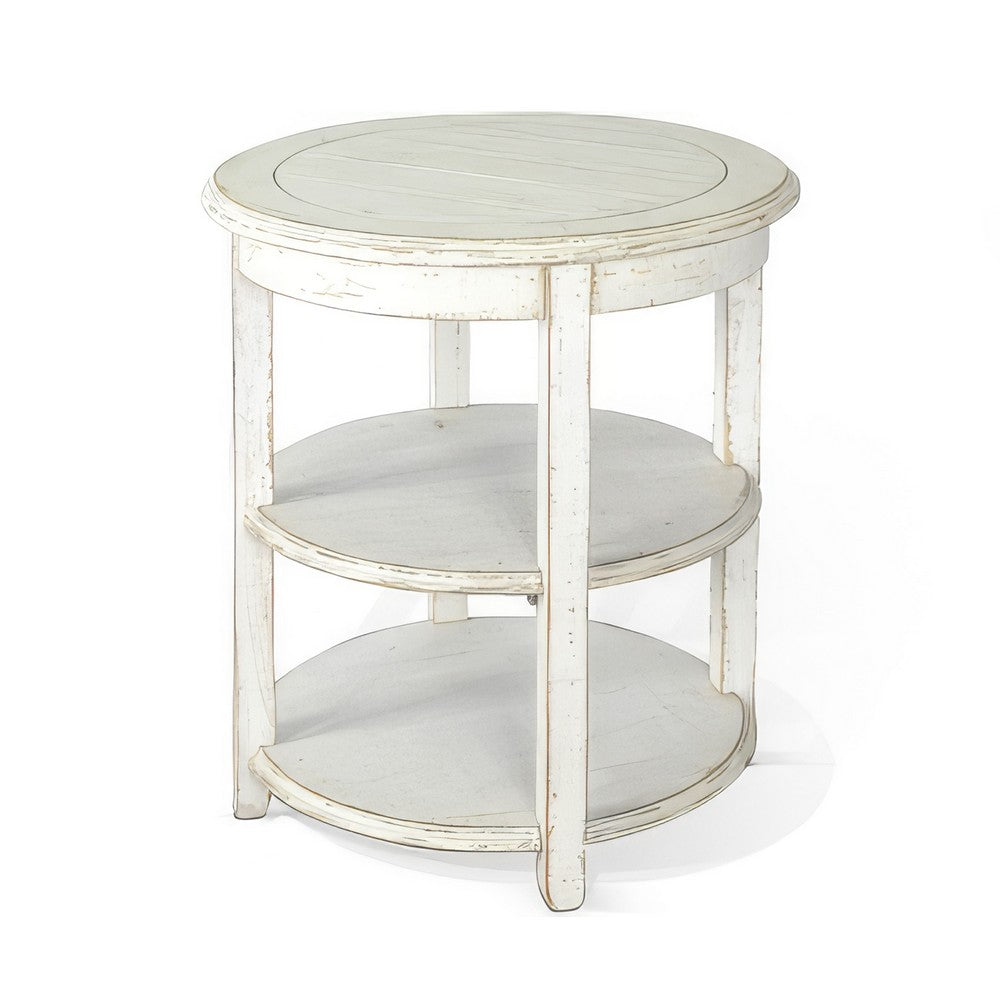 Benjara Rena Side End Table with 2 Shelves, 24 Inch Round White Mahogany Wood