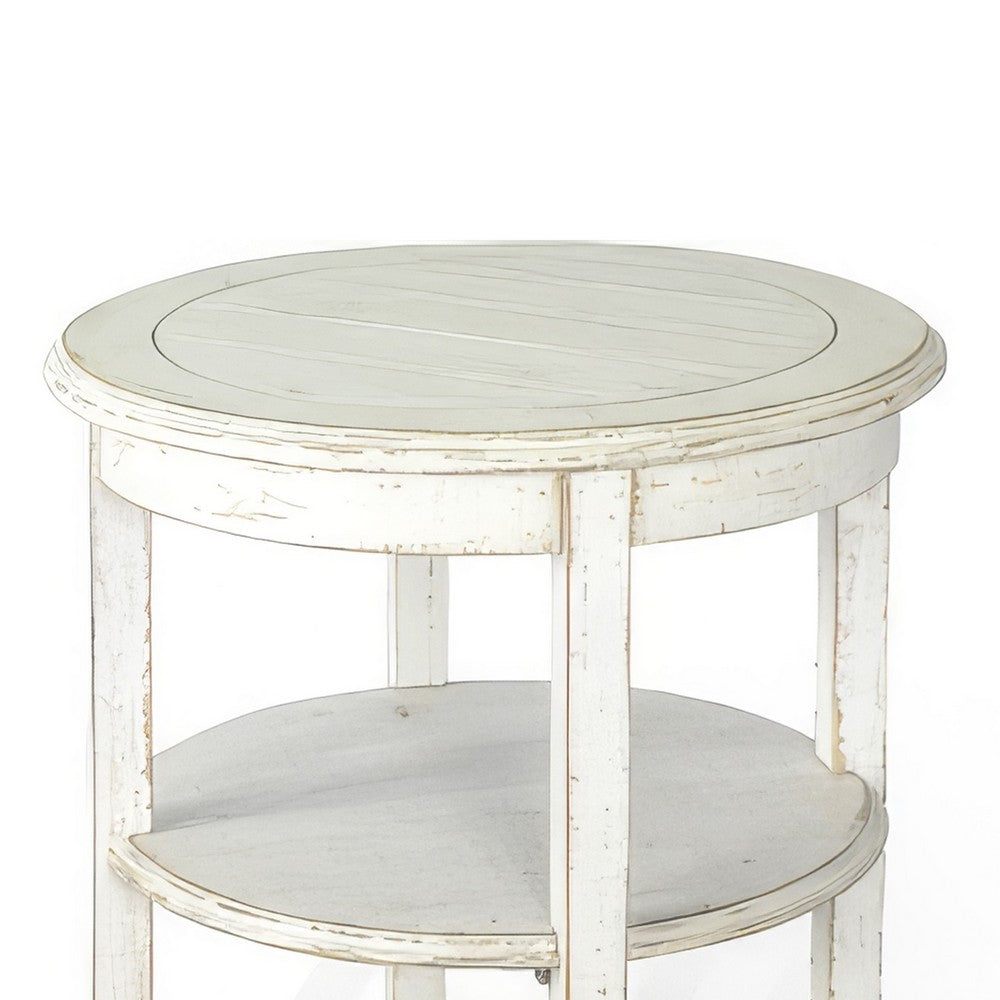 Benjara Rena Side End Table with 2 Shelves, 24 Inch Round White Mahogany Wood