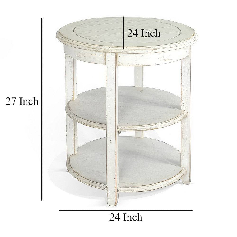Benjara Rena Side End Table with 2 Shelves, 24 Inch Round White Mahogany Wood