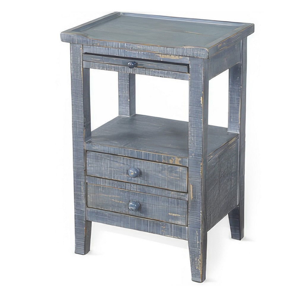 Benjara Rena Side End Table, 2 Drawers, Pull-Out Tray, 17 Inch Blue Mahogany
