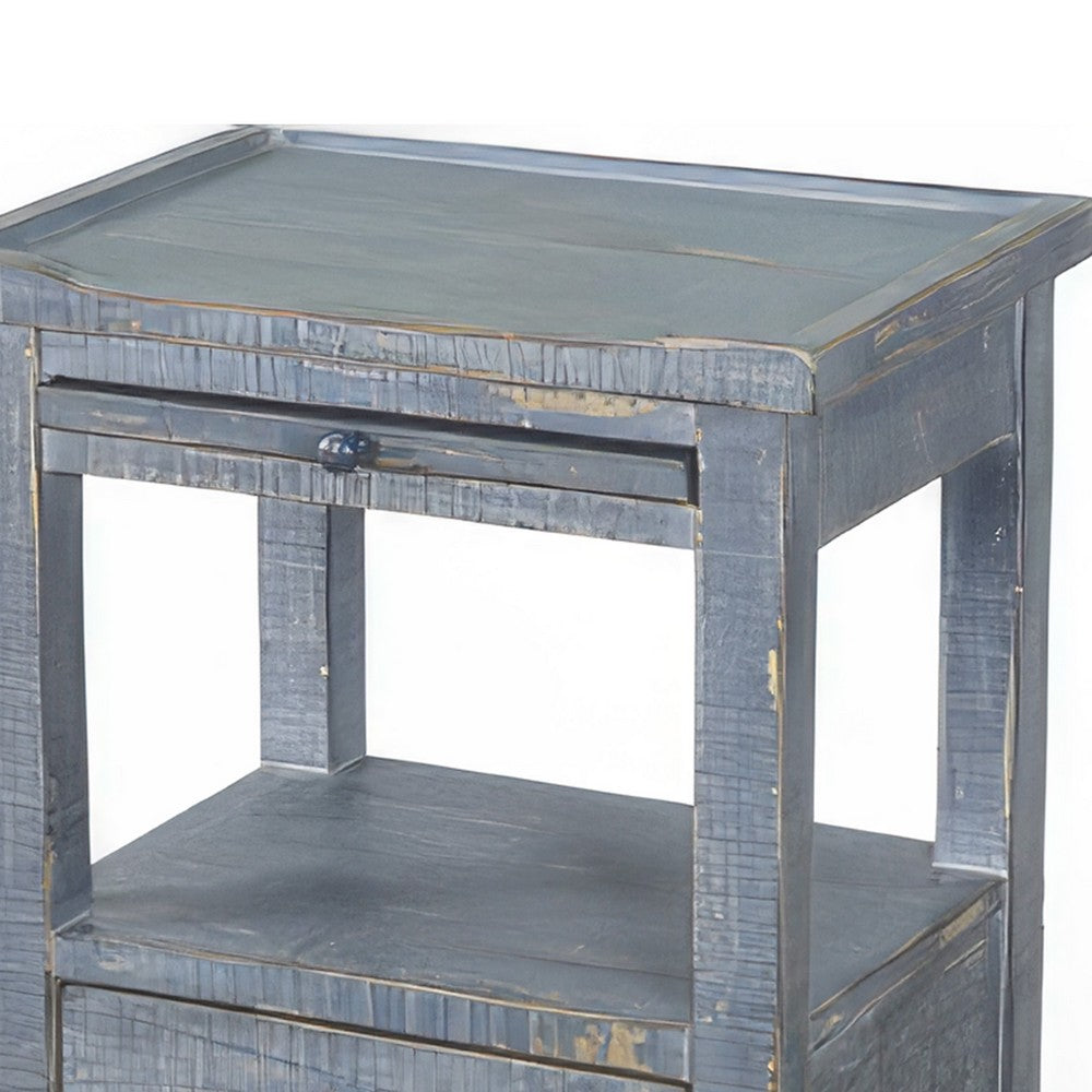 Benjara Rena Side End Table, 2 Drawers, Pull-Out Tray, 17 Inch Blue Mahogany