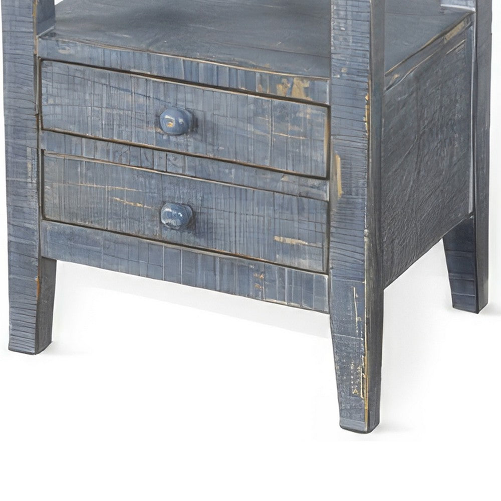 Benjara Rena Side End Table, 2 Drawers, Pull-Out Tray, 17 Inch Blue Mahogany