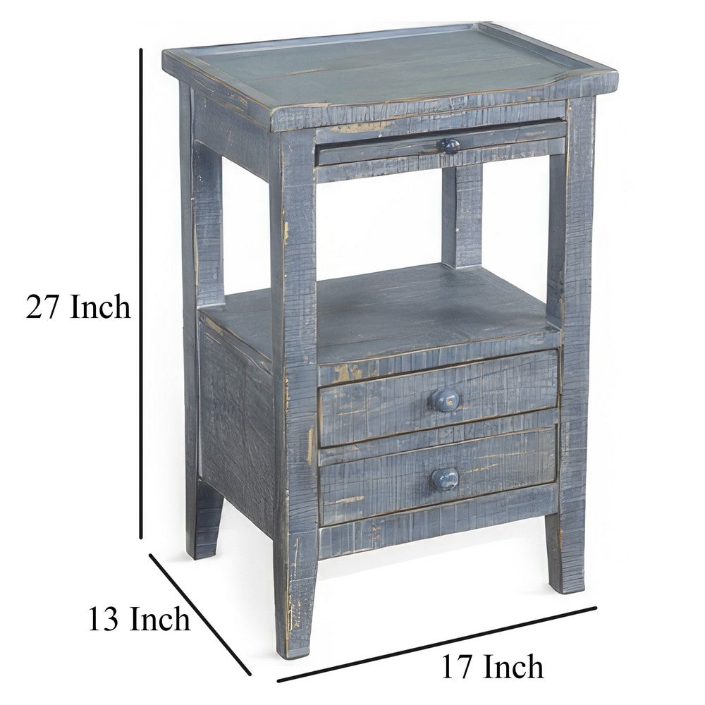 Benjara Rena Side End Table, 2 Drawers, Pull-Out Tray, 17 Inch Blue Mahogany