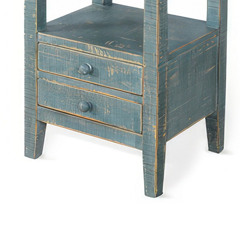 Benjara Rena Side End Table, 2 Drawers, Pull-Out Tray, 17 Inch Green Mahogany