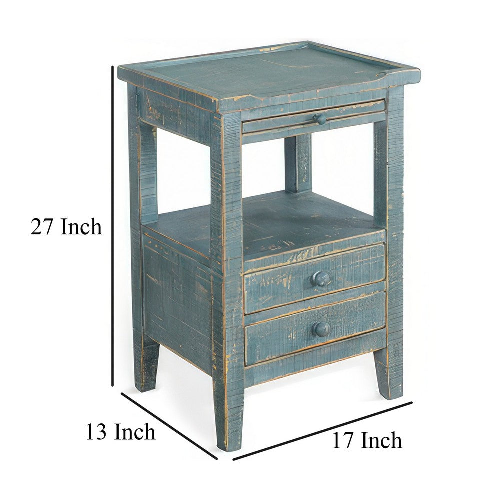 Benjara Rena Side End Table, 2 Drawers, Pull-Out Tray, 17 Inch Green Mahogany
