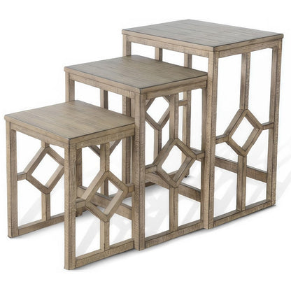 Benjara Rena 3 Piece Nesting Accent Table Set | Geometric Frame | Distressed Pebble Brown Solid Mahogany Wood