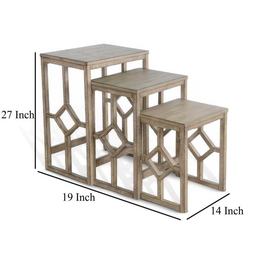 Benjara Rena 3 Piece Nesting Accent Table Set | Geometric Frame | Distressed Pebble Brown Solid Mahogany Wood