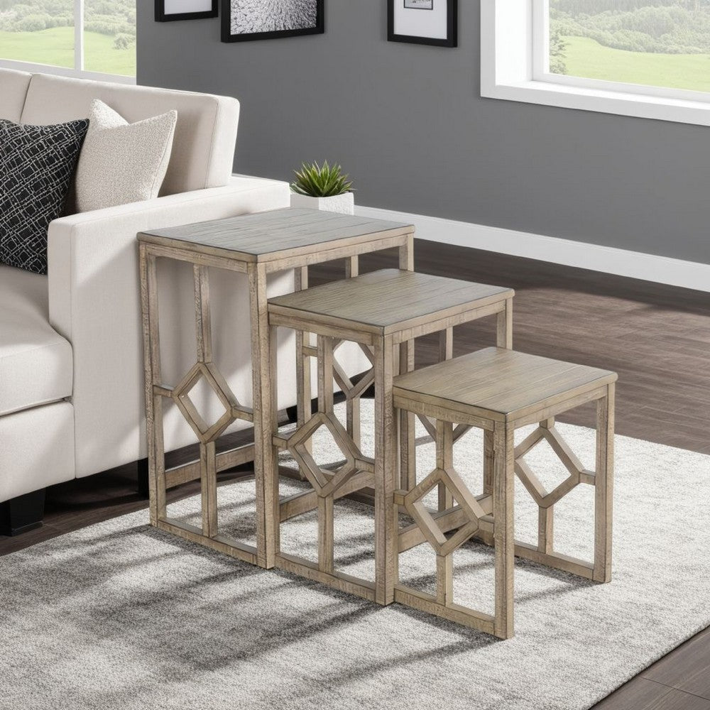 Benjara Rena 3 Piece Nesting Accent Table Set | Geometric Frame | Distressed Pebble Brown Solid Mahogany Wood