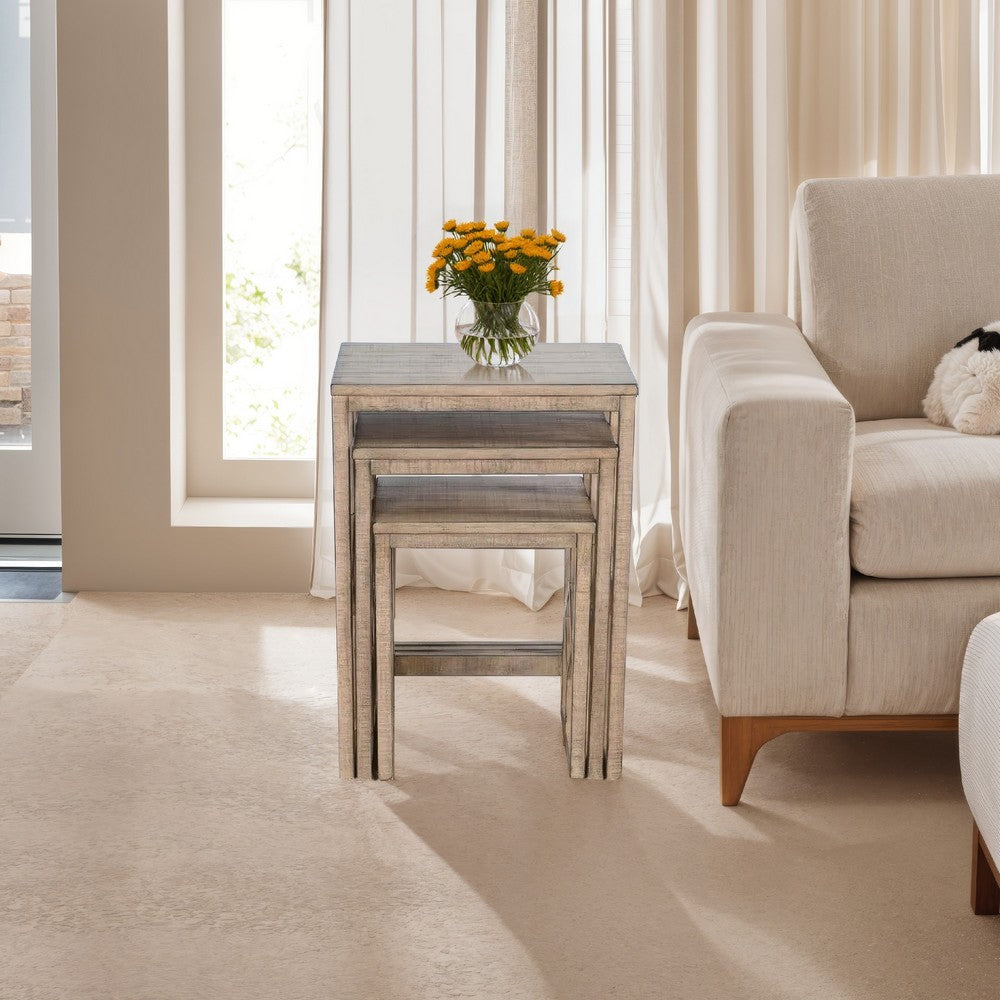 Benjara Rena 3 Piece Nesting Accent Table Set | Geometric Frame | Distressed Pebble Brown Solid Mahogany Wood