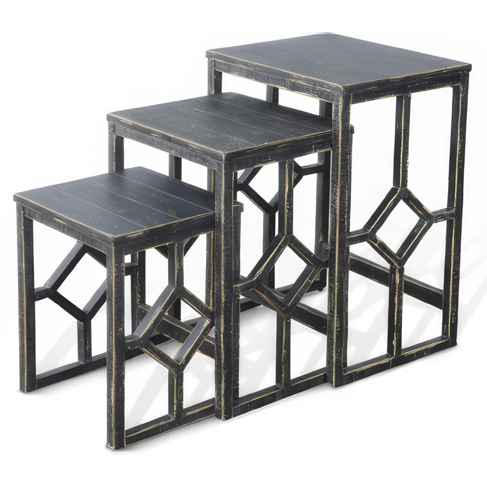 Benjara Rena 3 Piece Nesting Accent Table Set, Slatted, Rustic Black Mahogany