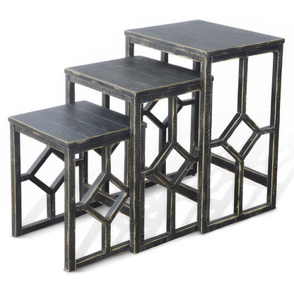 Benjara Rena 3 Piece Nesting Accent Table Set, Slatted, Rustic Black Mahogany