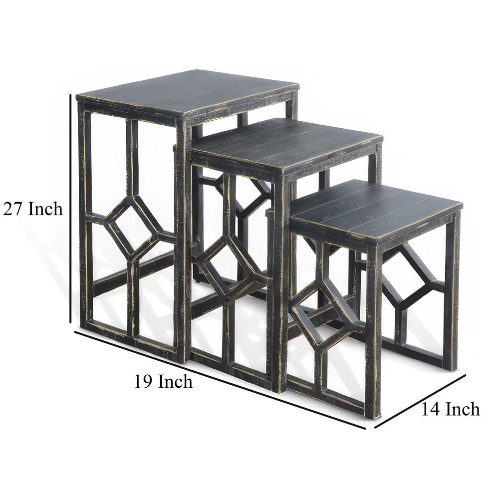 Benjara Rena 3 Piece Nesting Accent Table Set, Slatted, Rustic Black Mahogany