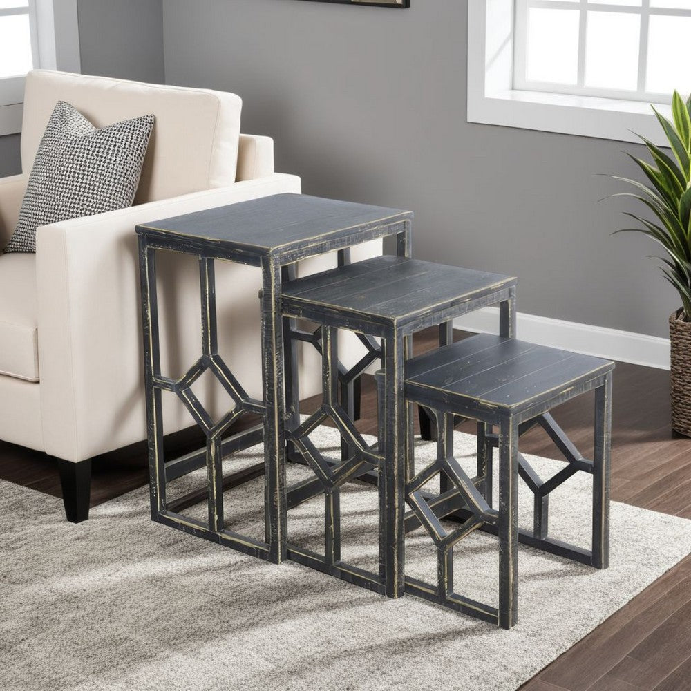 Benjara Rena 3 Piece Nesting Accent Table Set, Slatted, Rustic Black Mahogany