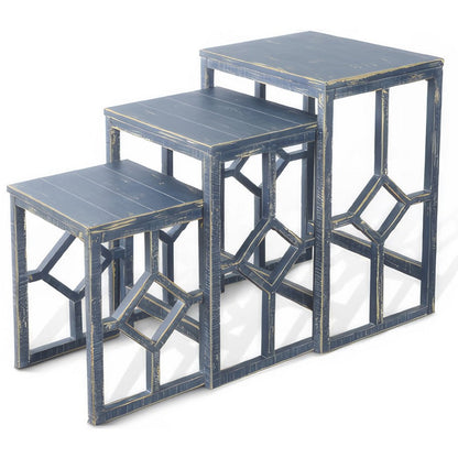 Benjara Rena 3 Piece Nesting Accent Table Set, Slatted, Rustic Blue Mahogany