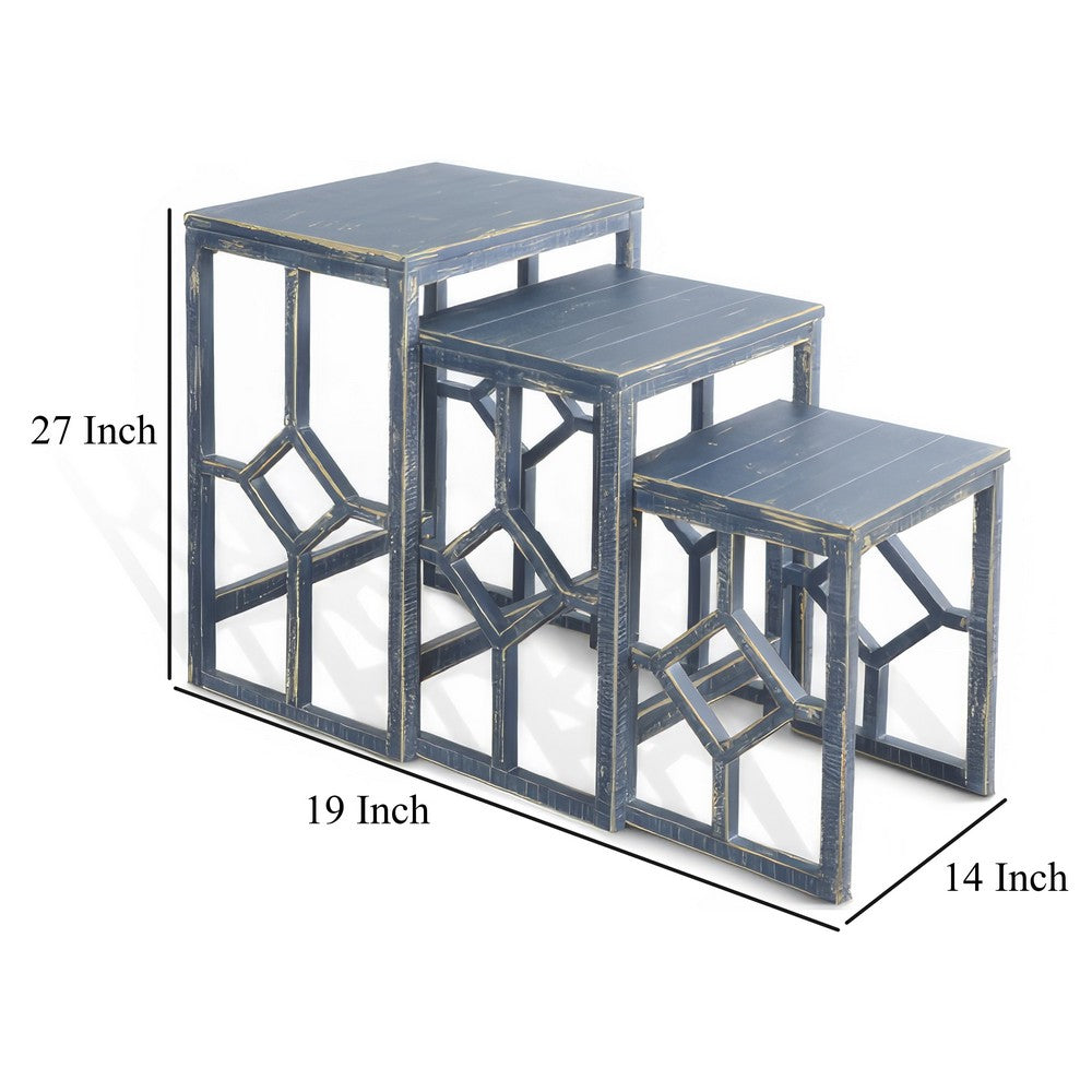 Benjara Rena 3 Piece Nesting Accent Table Set, Slatted, Rustic Blue Mahogany