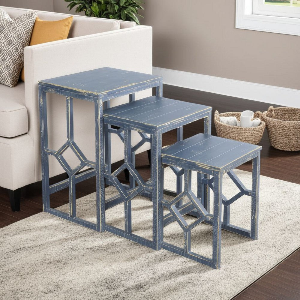 Benjara Rena 3 Piece Nesting Accent Table Set, Slatted, Rustic Blue Mahogany
