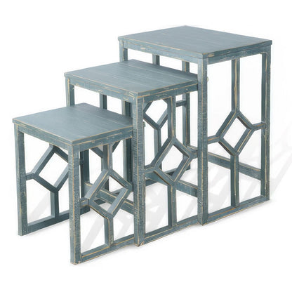 Benjara Rena 3 Piece Nesting Accent Table Set, Slatted, Rustic Green Mahogany