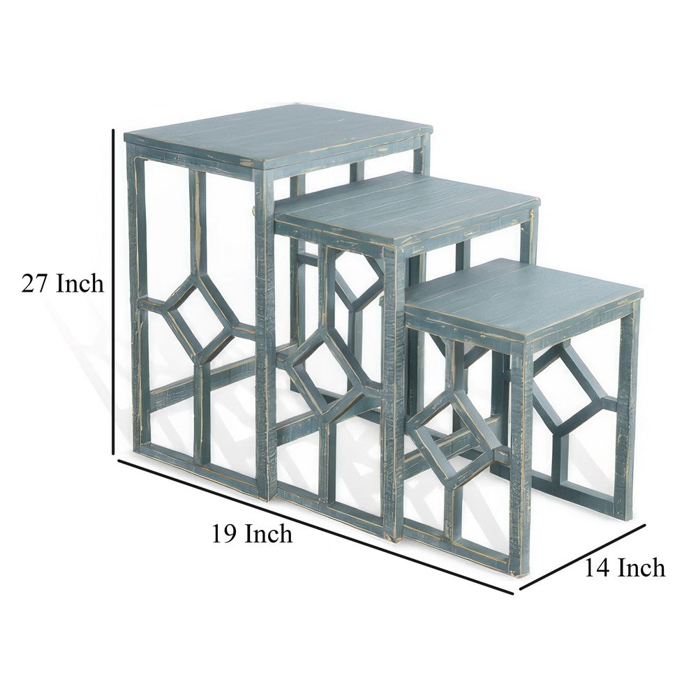 Benjara Rena 3 Piece Nesting Accent Table Set, Slatted, Rustic Green Mahogany