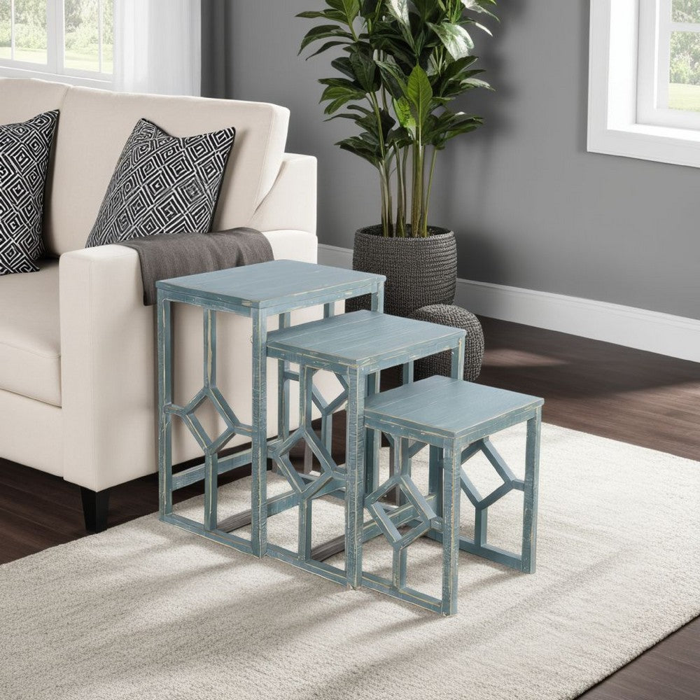 Benjara Rena 3 Piece Nesting Accent Table Set, Slatted, Rustic Green Mahogany