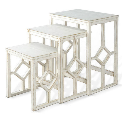 Benjara Rena 3 Piece Nesting Accent Table Set, Slatted, Rustic White Mahogany
