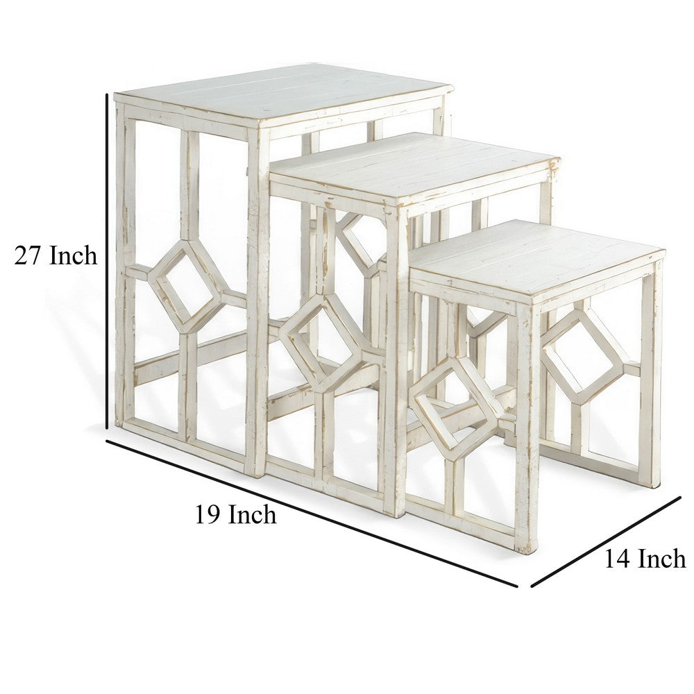 Benjara Rena 3 Piece Nesting Accent Table Set, Slatted, Rustic White Mahogany