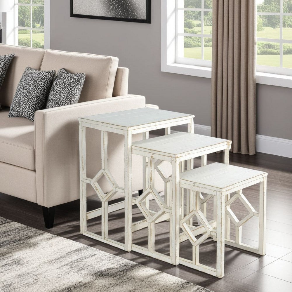 Benjara Rena 3 Piece Nesting Accent Table Set, Slatted, Rustic White Mahogany