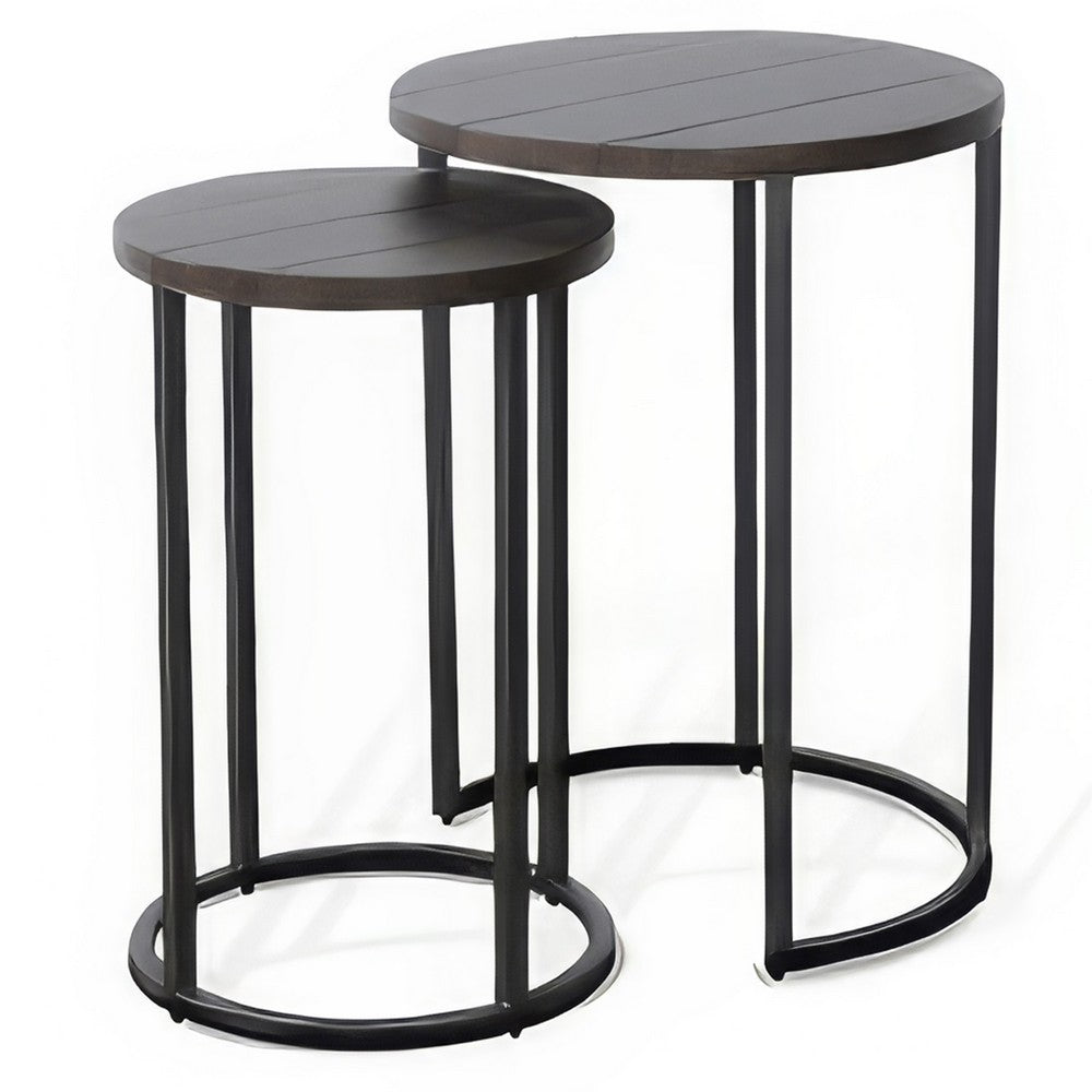 Benjara Flint 2 Piece Nesting Table Set, Dark Brown Mahogany, Black Metal Base