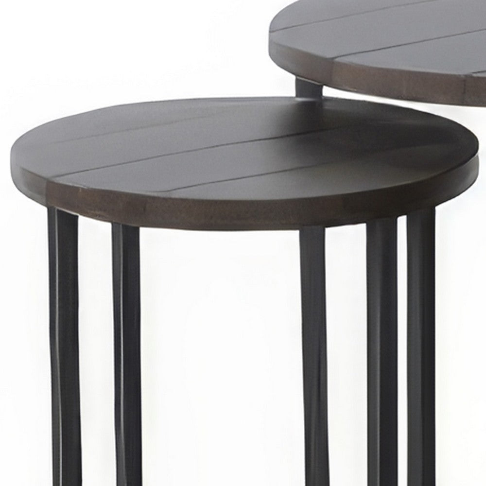 Benjara Flint 2 Piece Nesting Table Set, Dark Brown Mahogany, Black Metal Base