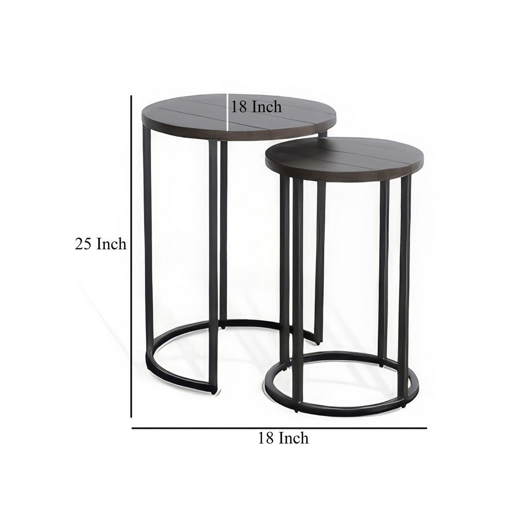 Benjara Flint 2 Piece Nesting Table Set, Dark Brown Mahogany, Black Metal Base