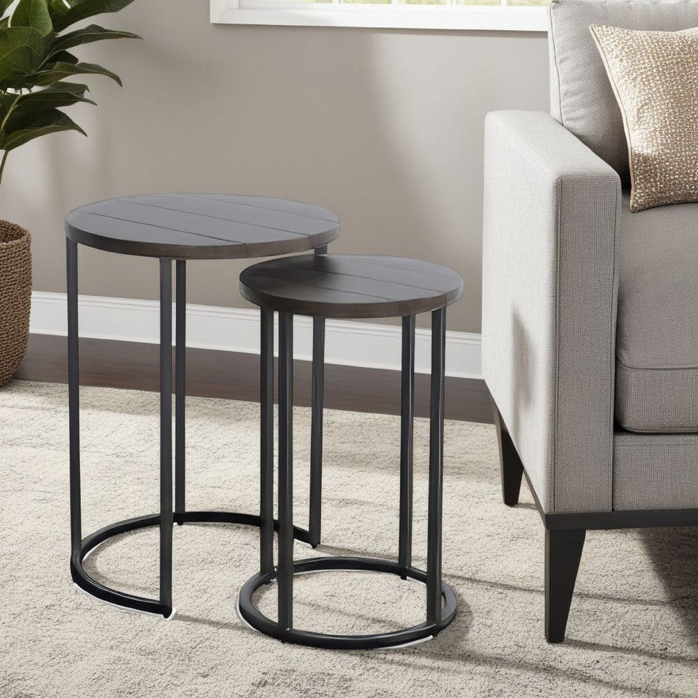 Benjara Flint 2 Piece Nesting Table Set, Dark Brown Mahogany, Black Metal Base