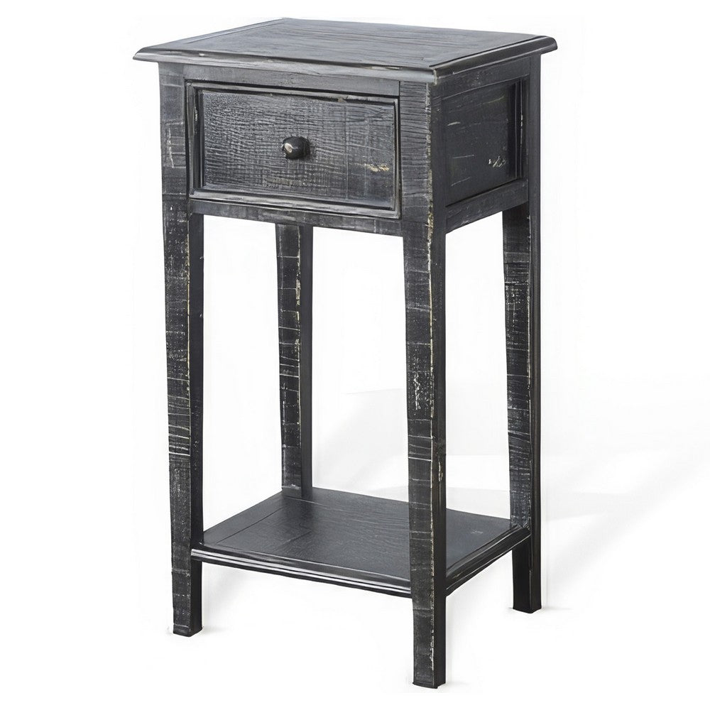 Benjara Rena Side End Table with 1 Drawer, 17 Inch Rustic Black Mahogany Wood