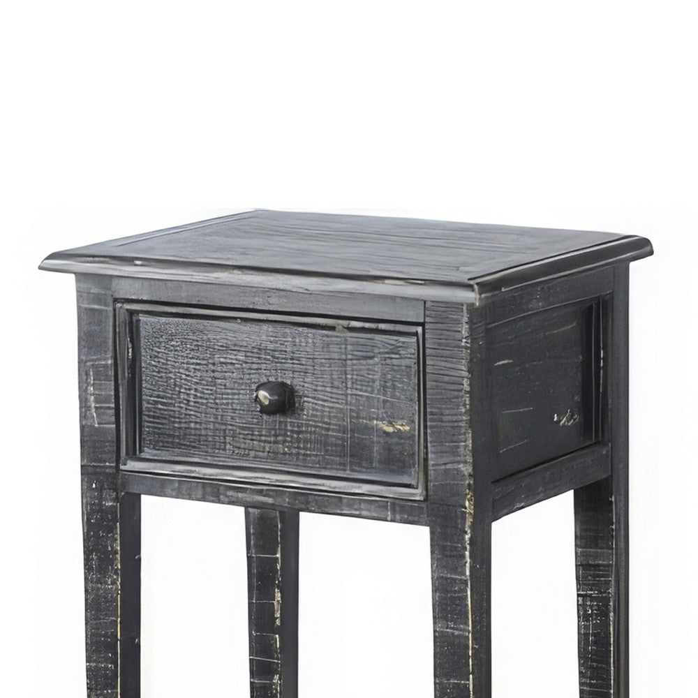 Benjara Rena Side End Table with 1 Drawer, 17 Inch Rustic Black Mahogany Wood