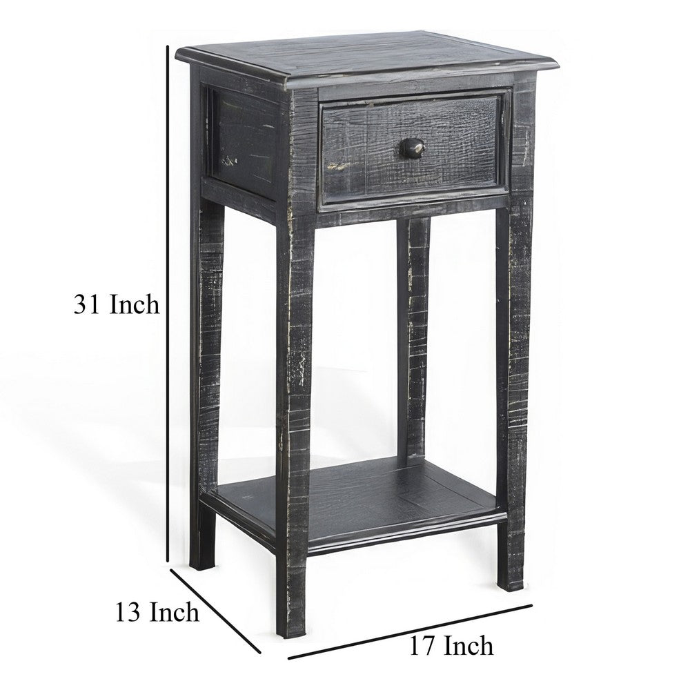 Benjara Rena Side End Table with 1 Drawer, 17 Inch Rustic Black Mahogany Wood
