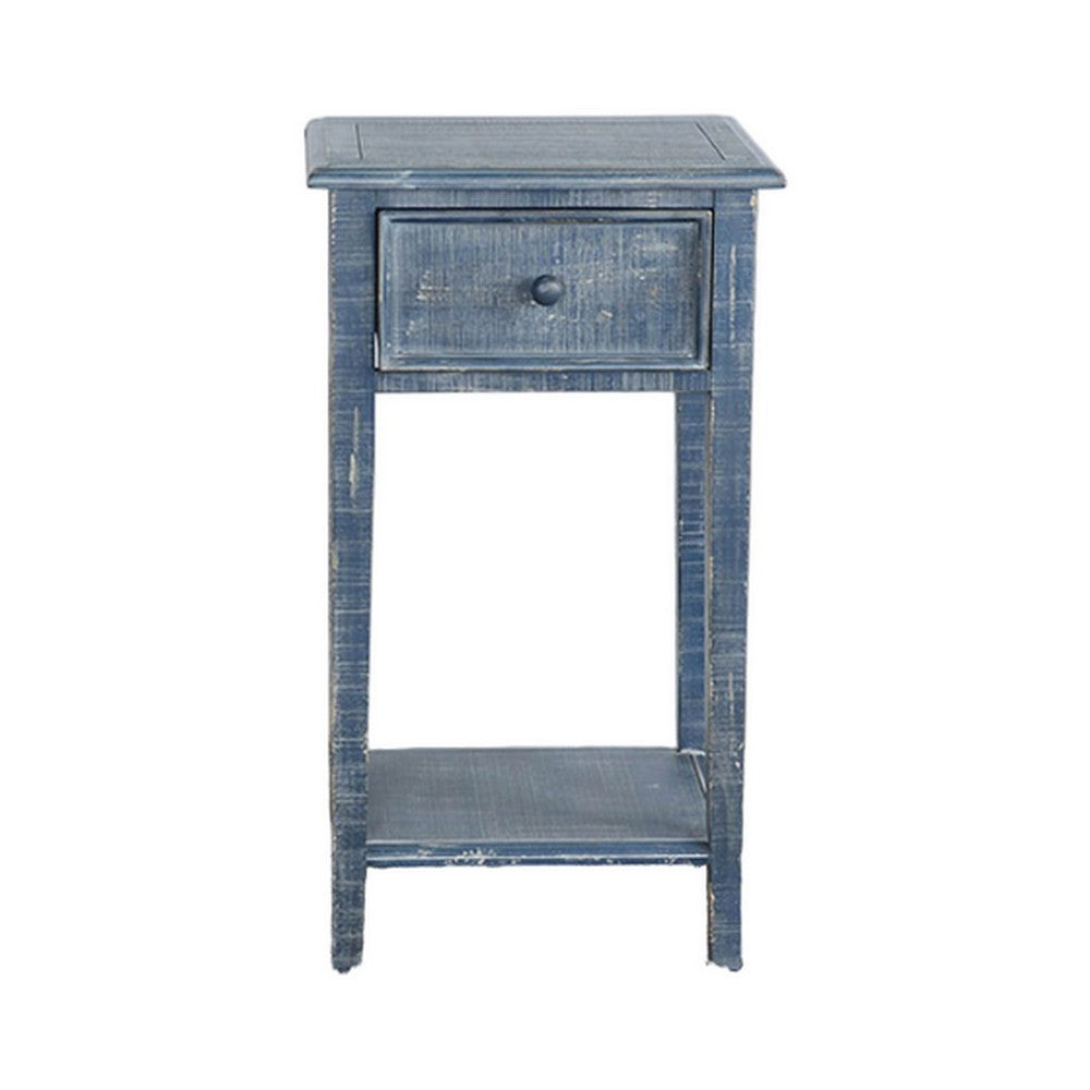 Benjara Rena Side End Table with 1 Drawer, 17 Inch Rustic Blue Mahogany Wood