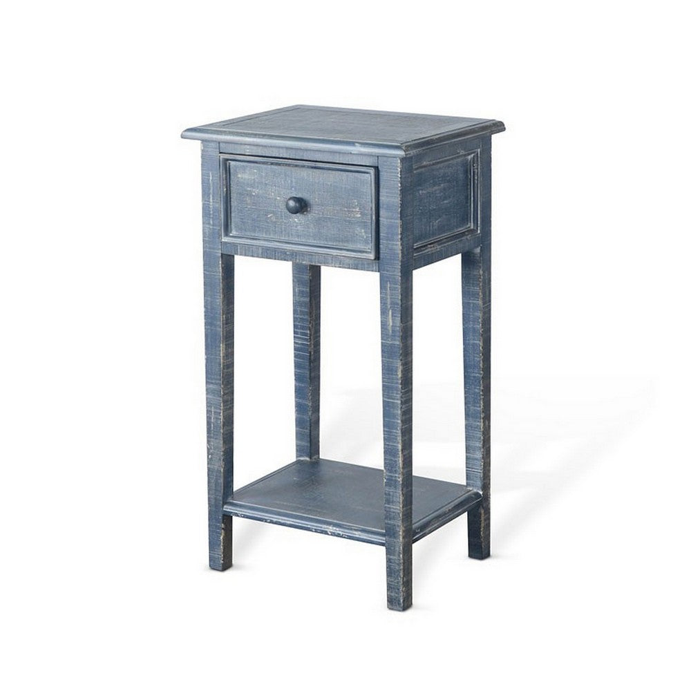 Benjara Rena Side End Table with 1 Drawer, 17 Inch Rustic Blue Mahogany Wood