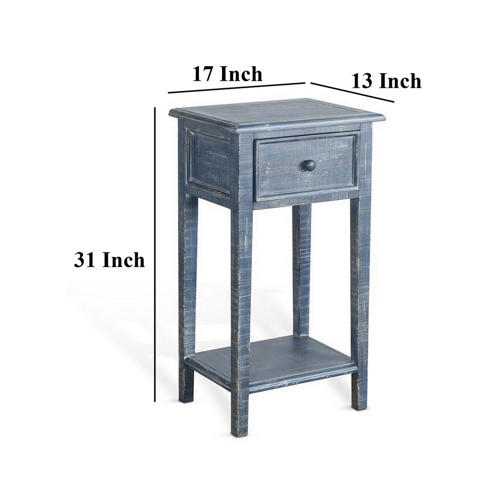 Benjara Rena Side End Table with 1 Drawer, 17 Inch Rustic Blue Mahogany Wood