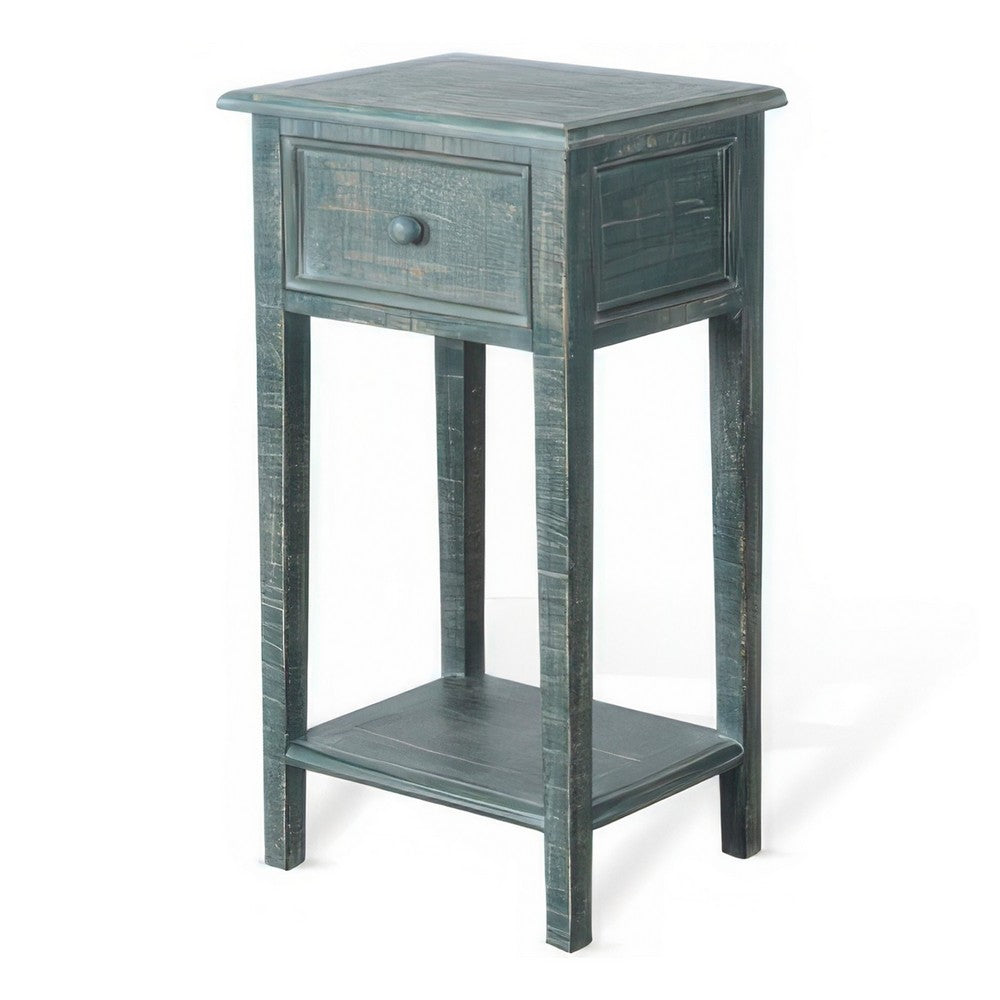 Benjara Rena Side End Table with 1 Drawer, 17 Inch Rustic Green Mahogany Wood