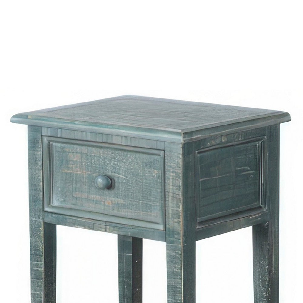 Benjara Rena Side End Table with 1 Drawer, 17 Inch Rustic Green Mahogany Wood