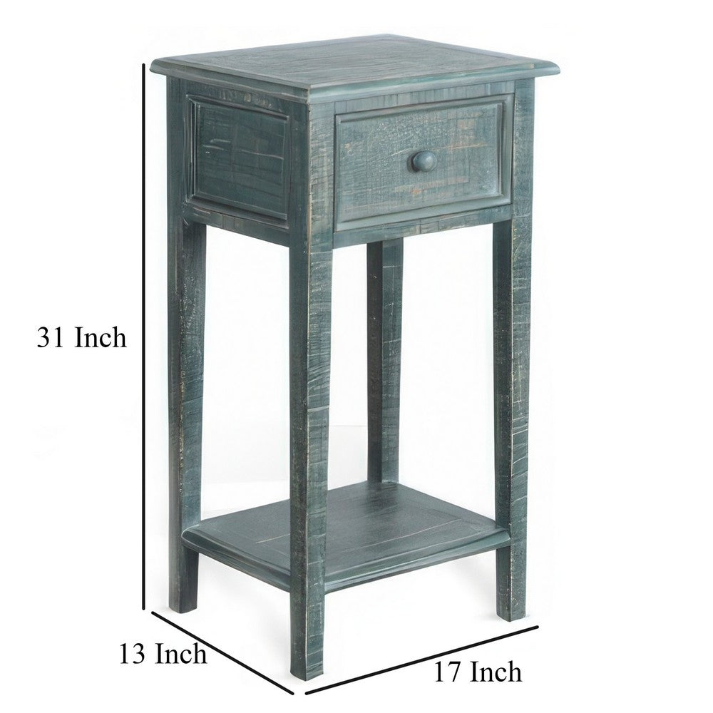 Benjara Rena Side End Table with 1 Drawer, 17 Inch Rustic Green Mahogany Wood