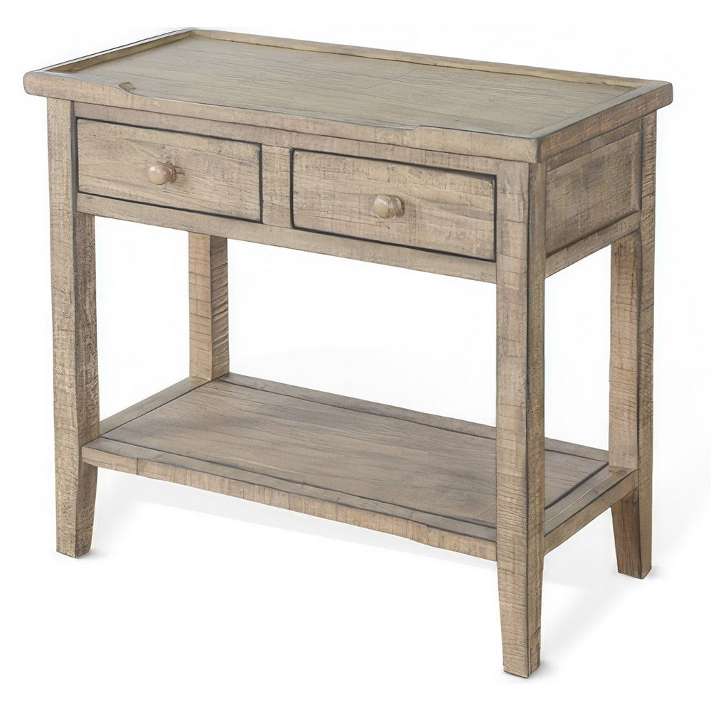 Benjara Rena Side End Table, 2 Drawers, 1 Shelf, 28 Inch Light Brown Mahogany