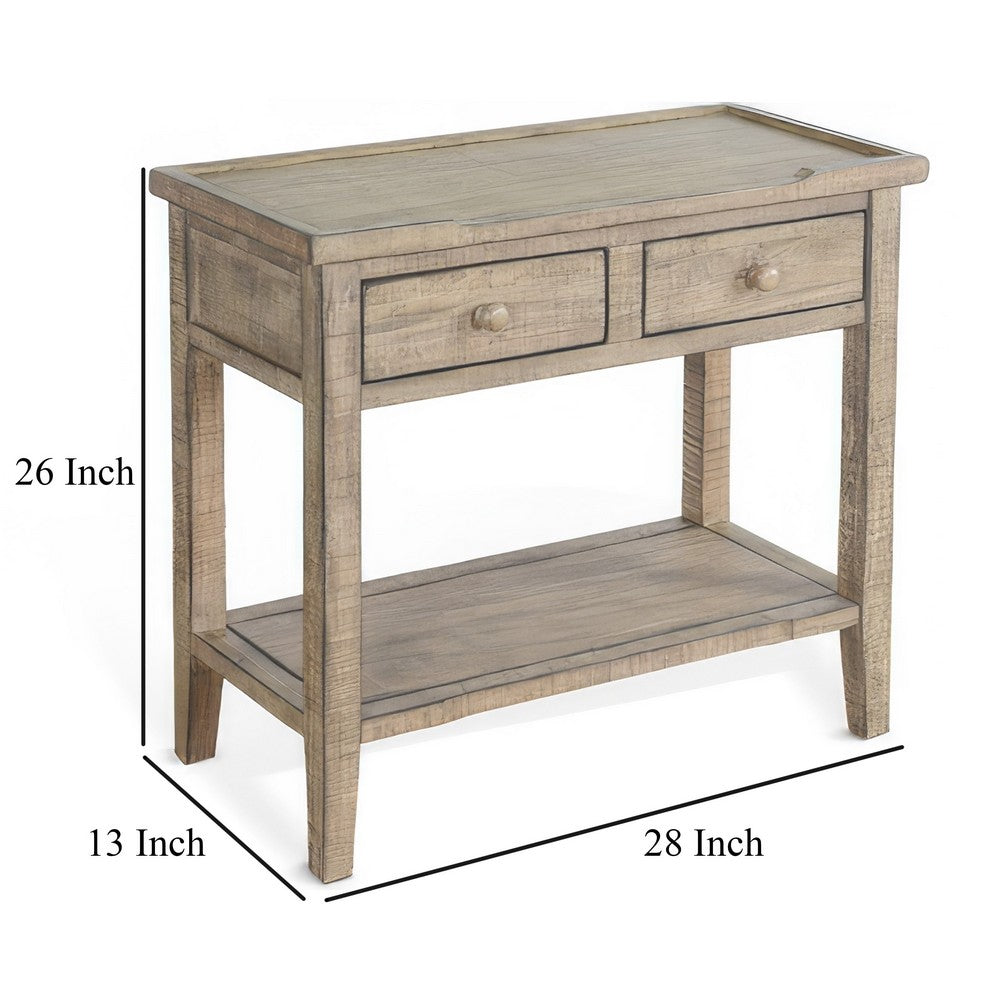 Benjara Rena Side End Table, 2 Drawers, 1 Shelf, 28 Inch Light Brown Mahogany