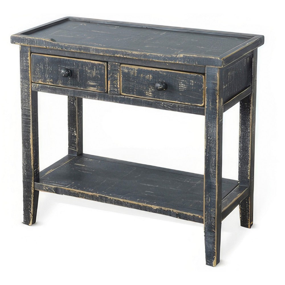 Benjara Rena Side End Table, 2 Drawers 1 Shelf, 28 Inch Rustic Black Mahogany