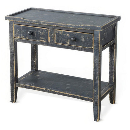Benjara Rena Side End Table, 2 Drawers 1 Shelf, 28 Inch Rustic Black Mahogany