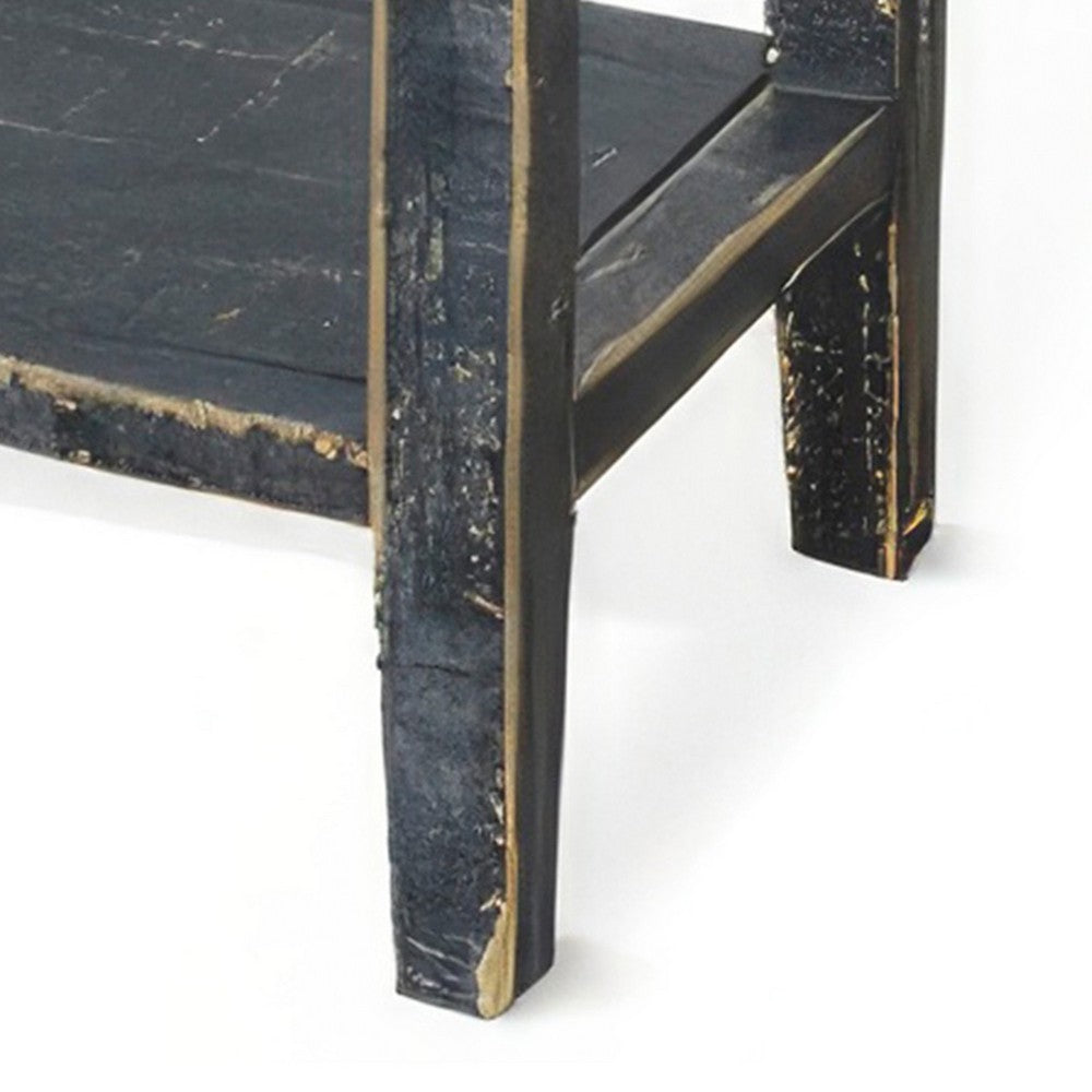 Benjara Rena Side End Table, 2 Drawers 1 Shelf, 28 Inch Rustic Black Mahogany