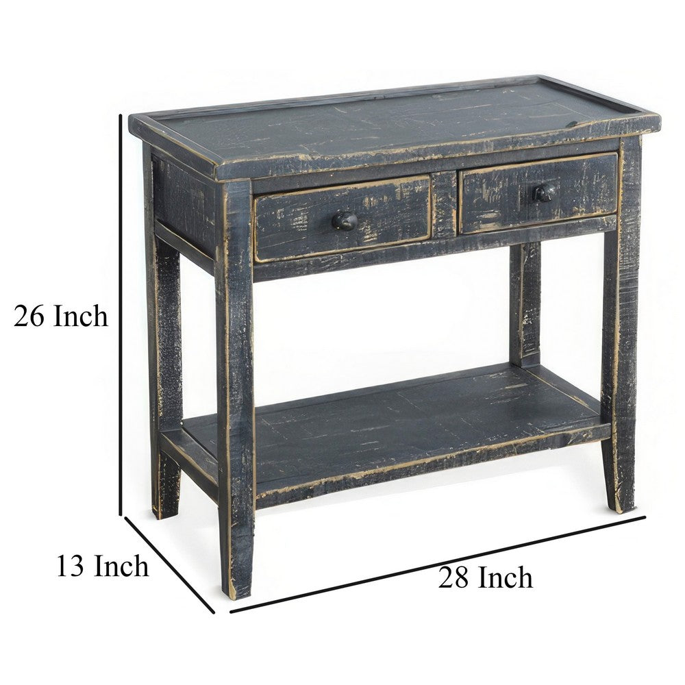 Benjara Rena Side End Table, 2 Drawers 1 Shelf, 28 Inch Rustic Black Mahogany